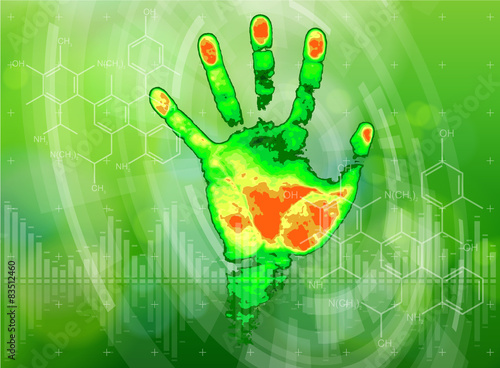 thermal hand print, chemical formulas, radial HUD  & green bokeh