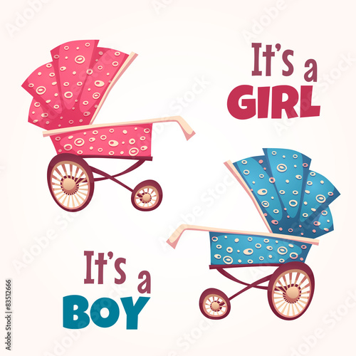 Vector set of flat baby girl and boy carriage 