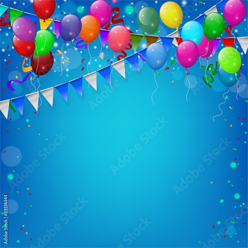 Happy Birthday party with balloons and ribbons background