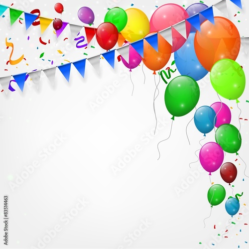 Happy Birthday party with balloons and ribbons background