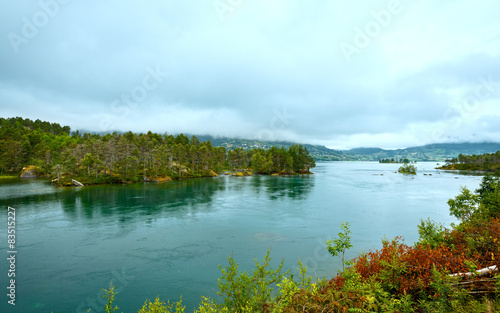 Summer cloudy fjord landscape (Norway).