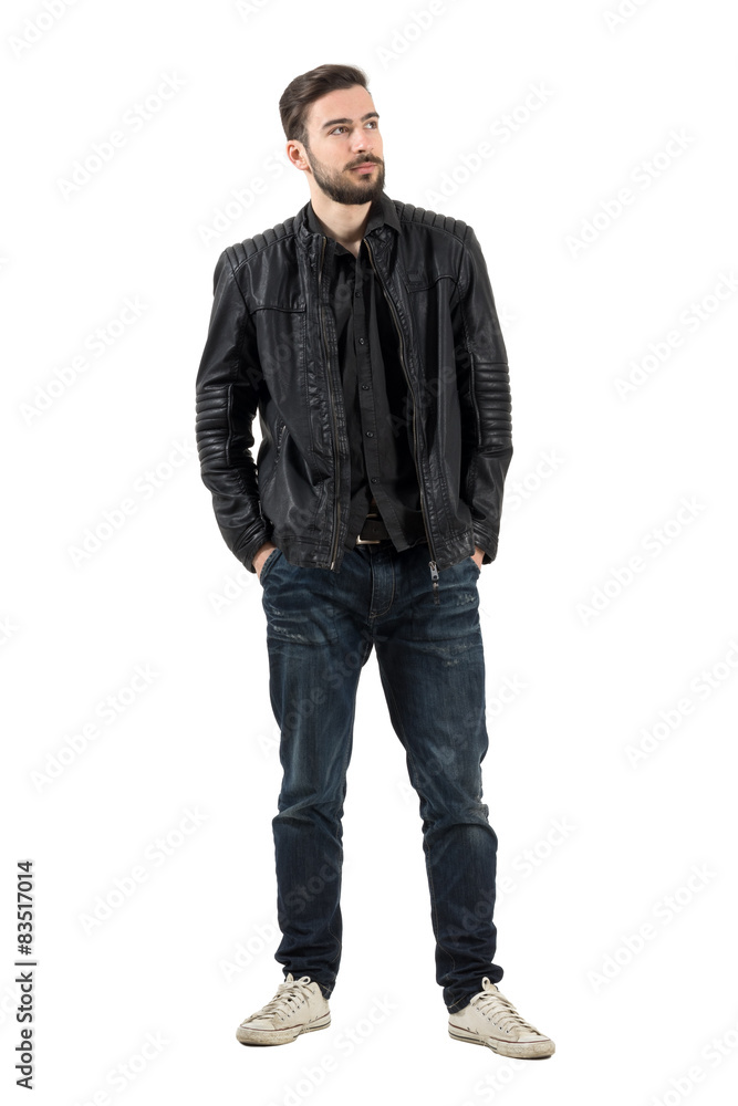 Male model in leather jacket with hands in pockets Male model in leather jacket with hands in pockets
