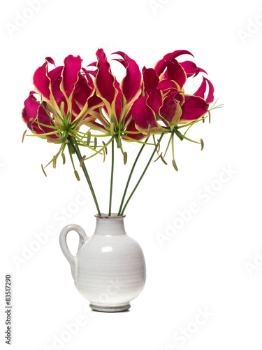 Fototapeta Naklejka Na Ścianę i Meble -  White vase with a bouquet of glory lilies flowers isolated on a white background