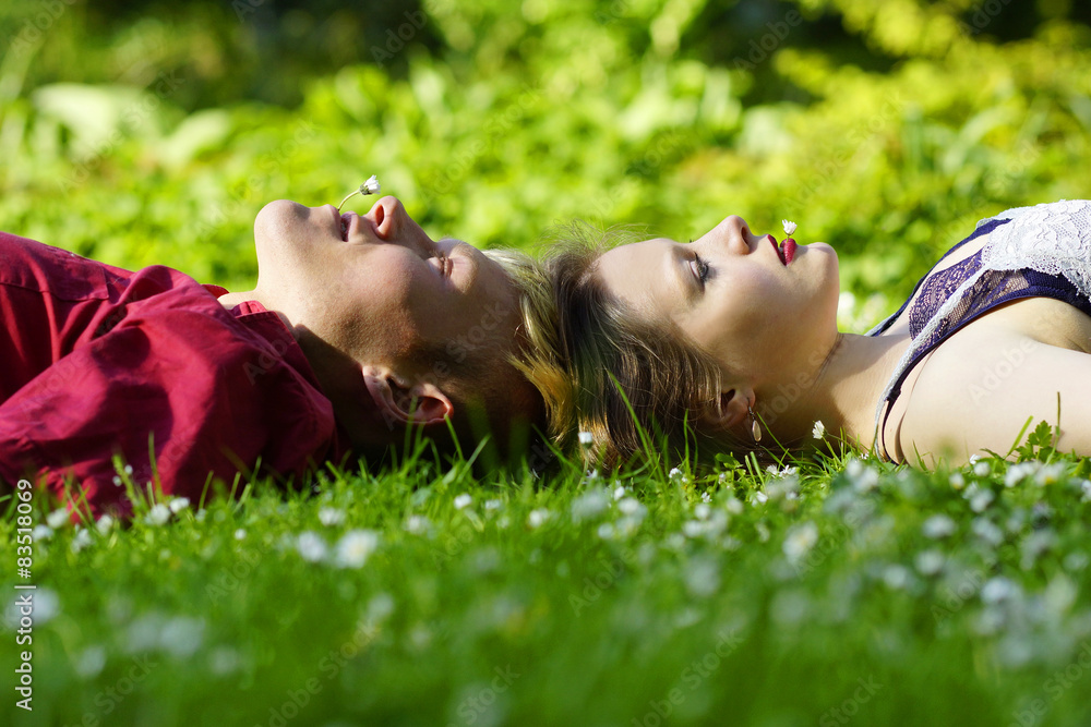 Ein junges verliebtes Paar liegt im Gras Ein junges verliebtes Paar liegt im Gras