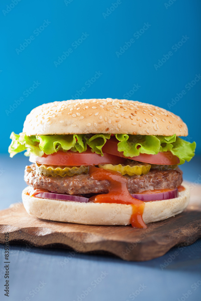burger with beef patty lettuce onion tomato ketchup burger with beef patty lettuce onion tomato ketchup