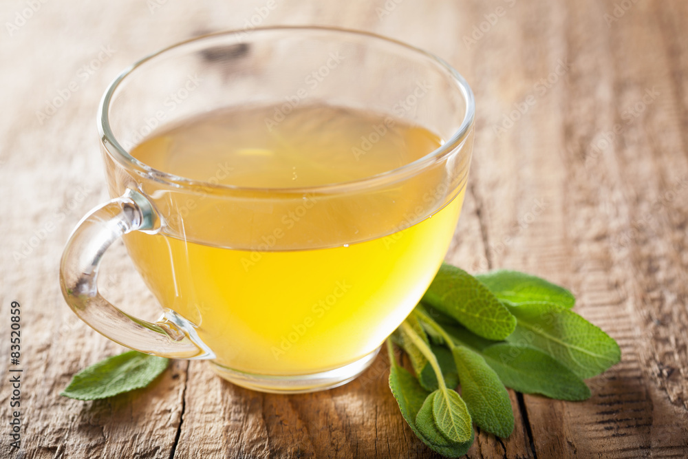 herbal sage tea with green leaf in glass cup herbal sage tea with green leaf in glass cup