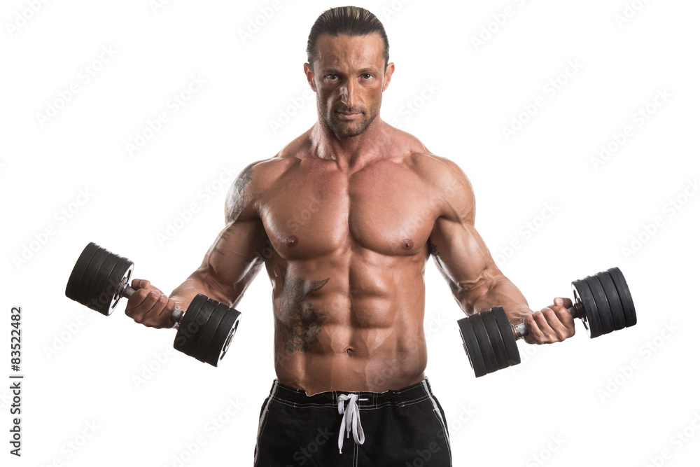 Man Working Out With Dumbbells On White Background