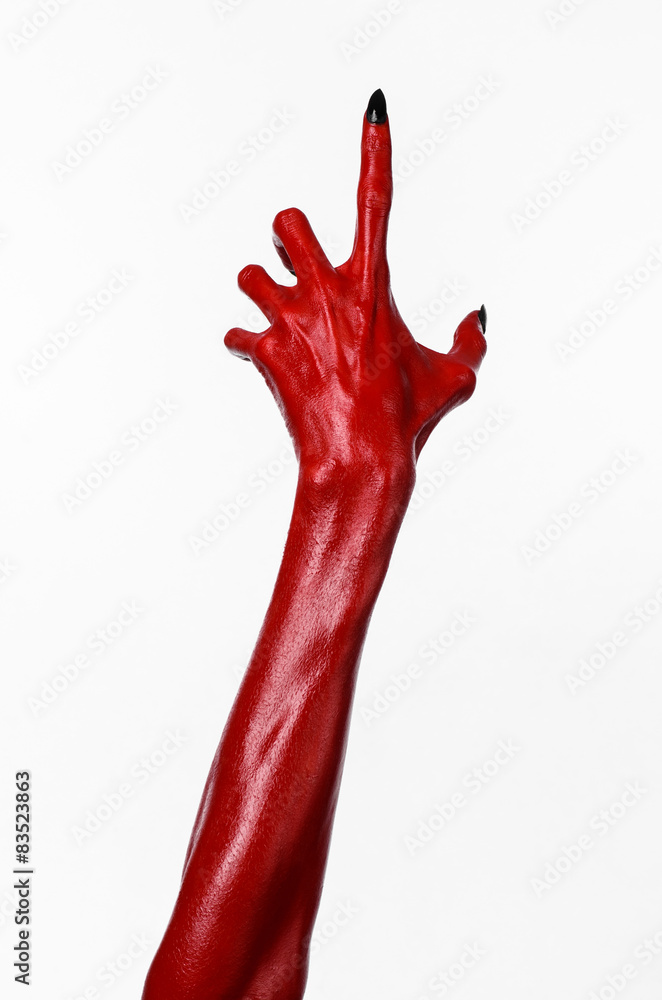 Red Devil's hands, red hands of Satan, white background isolated Red Devil's hands, red hands of Satan, white background isolated
