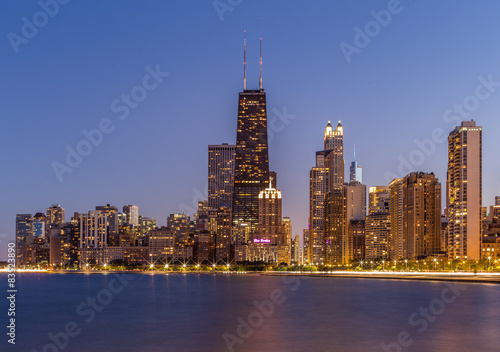 USA, Illinois, Cook County, Chicago, Gold Coast, View of North Pier at sunset photo