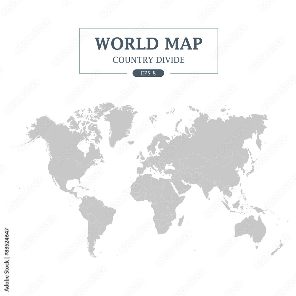 World Map Country Divide on White Background.