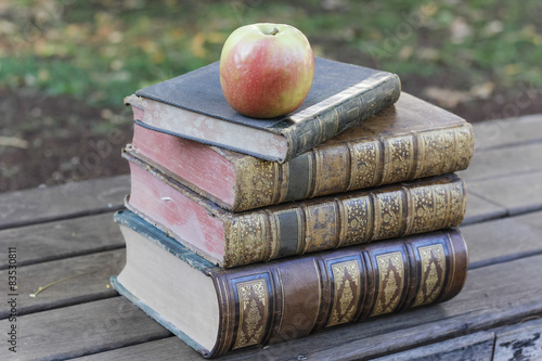 Apple sitting atop pile of old books photo