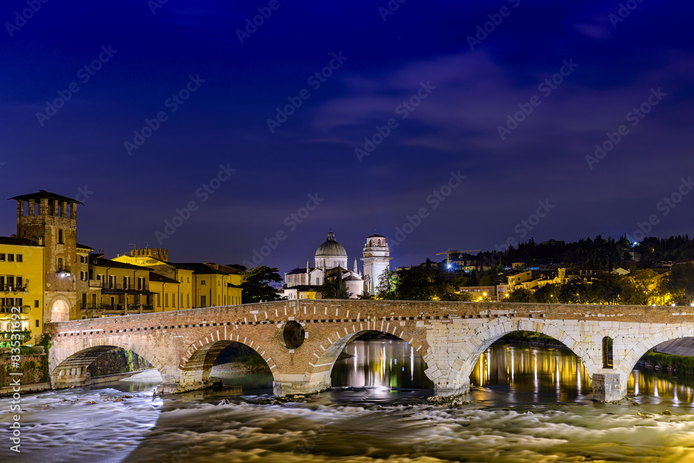 Verona Ponte Pietra night river