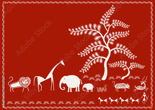'Animals and Trees' Ancient Indian Tribal Art - WARLI