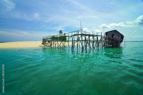 Indonesia, Bangka Belitung, Belitung Island Riau, Broken hut on pier photo