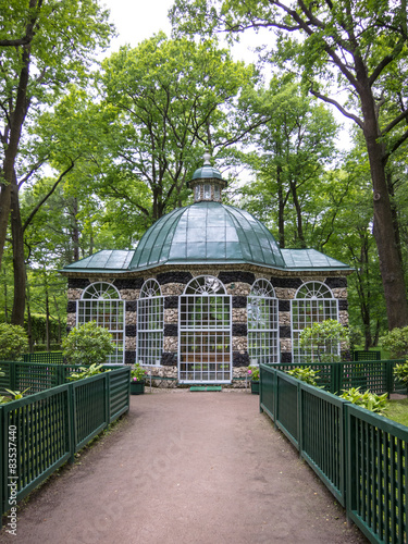 Russia, St Petersburg, Peterhof, Gazebo and formal garden