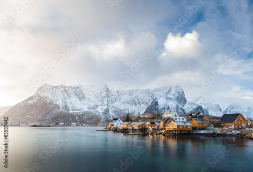 Norway, Lofoten, Sakrisoya, View of fishing village in mountains photo