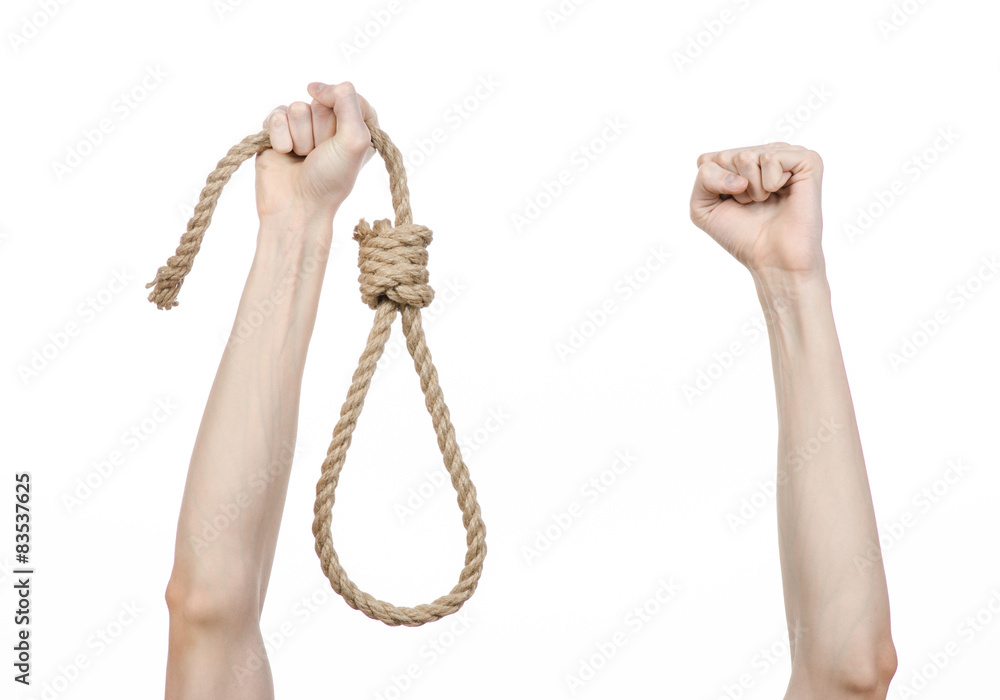 man's hand holding a loop of rope for hanging on isolated