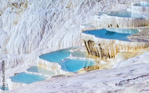 Hot spring and travertine terrace rock formations, Pamukkale, Denizli, Anatolia, Turkey photo