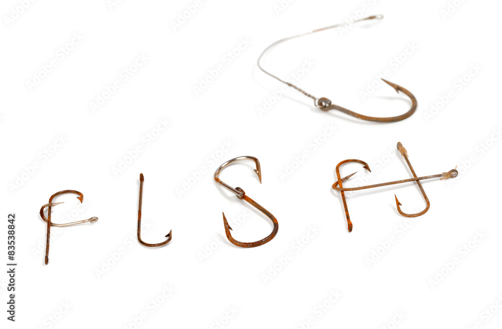 Word F I S H composed of old rusty fish hooks Stock Photo