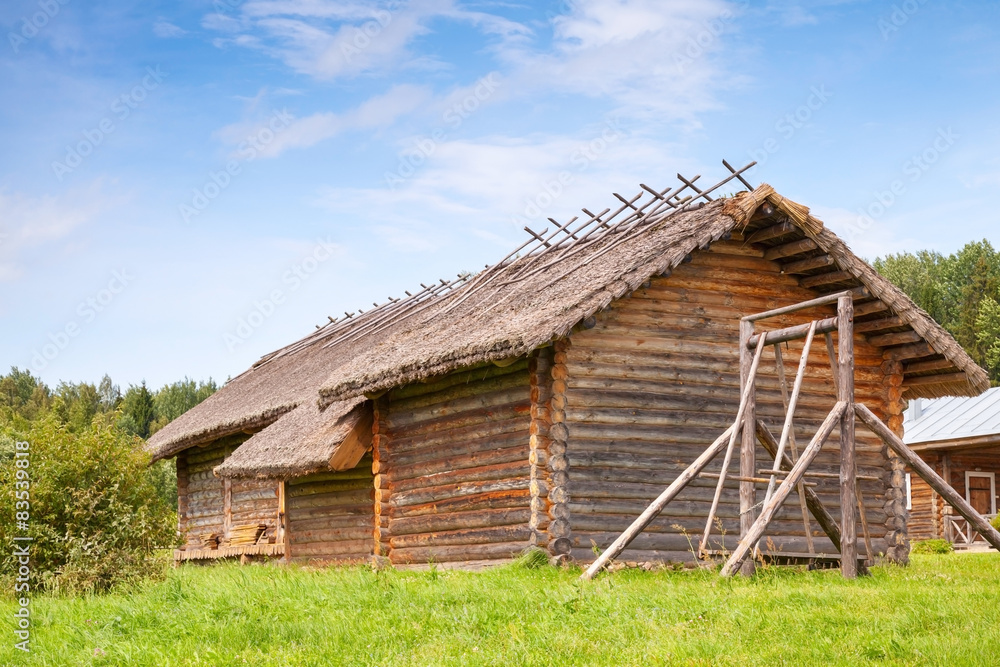 Russian rural wooden architecture example, old barns Russian rural wooden architecture example, old barns