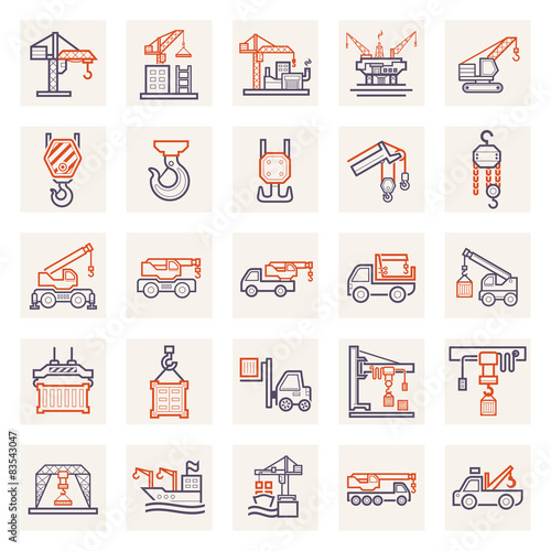 Crane icon or lifting equipment i.e. tower, crawler, wich, mobile, loader, jib, overhead, gantry, container etc.  For industry work i.e. construction, transportation, production, manufacturing etc.