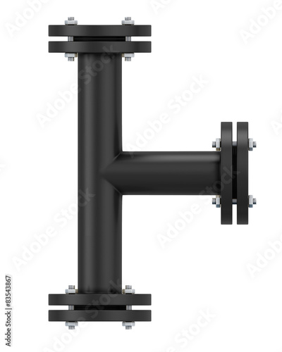 Black T-branch gas pipeline element close-up on a white
