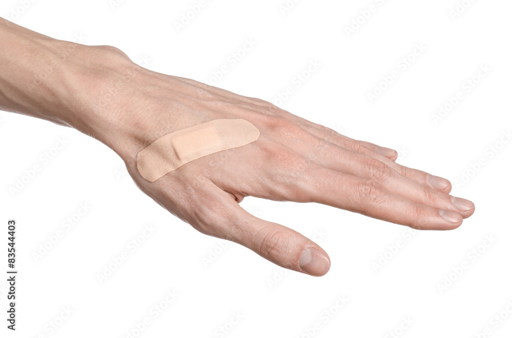 man's hand glued medical plaster first aid plaster advertising