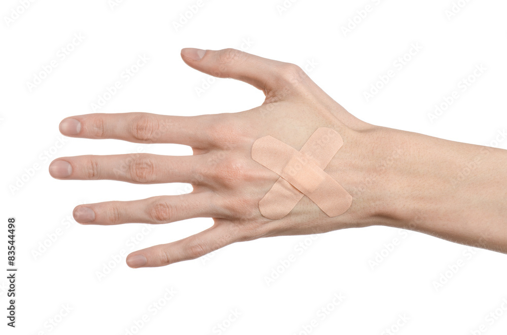 man's hand glued medical plaster first aid plaster advertising man's hand glued medical plaster first aid plaster advertising