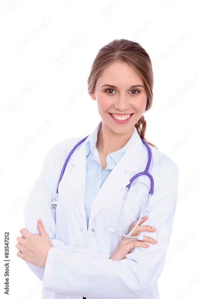 Friendly smiling young female doctor, isolated Friendly smiling young female doctor, isolated