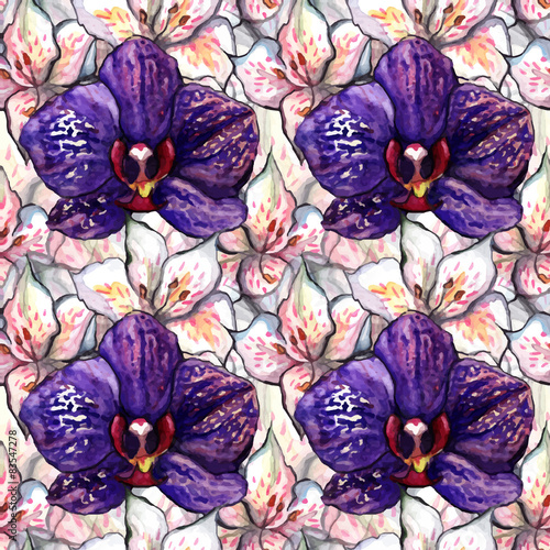 Orchid alstroemeria watercolor seamless pattern texture