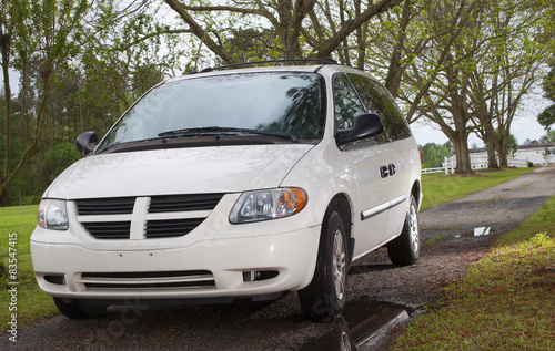 White mini van on a dirt driveway surrounded by large pecan trees.