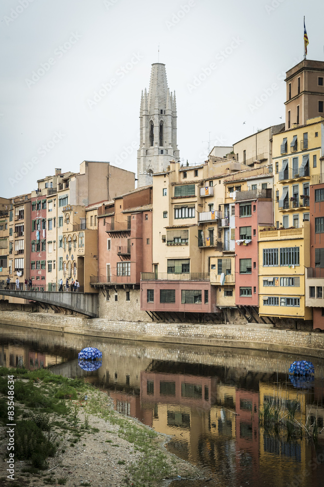Girona skyline, houses in the river. Landmark in Catalonia.
