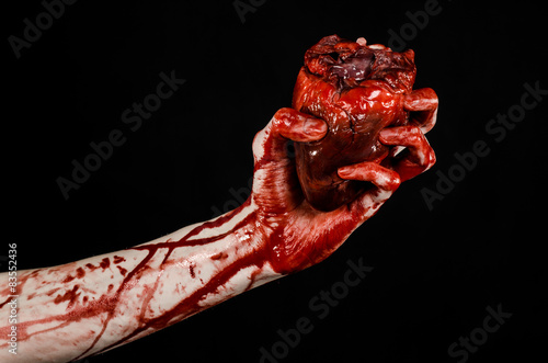 terrible bloody hand hold torn bleeding human heart isolated © Parad St