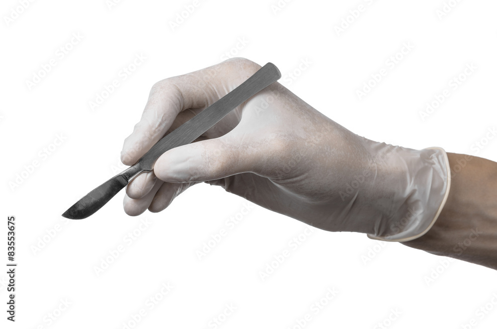 Scalpel in hand in glove on white background, isolated studio Scalpel in hand in glove on white background, isolated studio