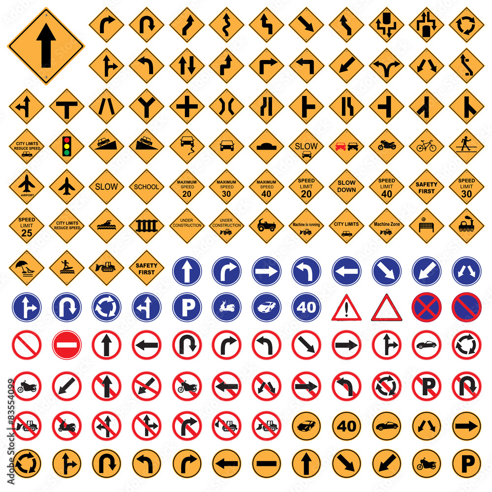 Fototapeta premium traffic sign yellow red blue road sign set vector Illustration