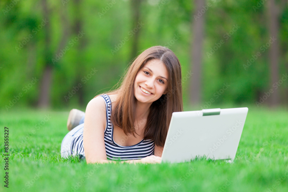 brunette student girl with laptop computer brunette student girl with laptop computer