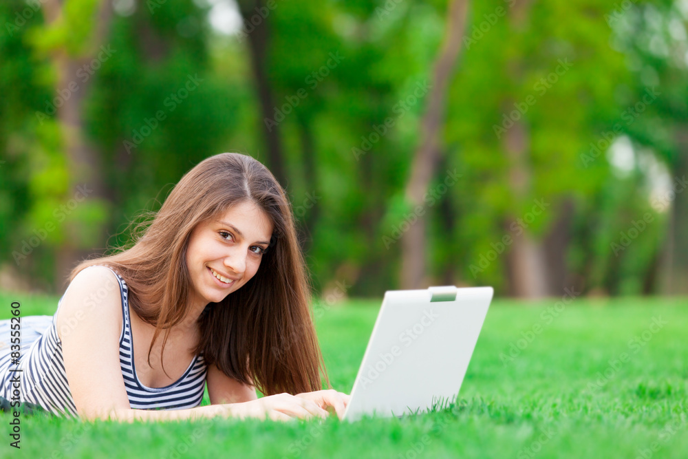 brunette student girl with laptop computer brunette student girl with laptop computer