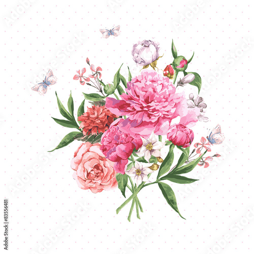 Vintage Watercolor Greeting Card with Blooming Flowers and