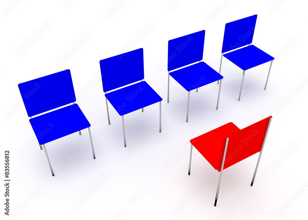 Fototapeta premium Leadership concept. Red and four blue chairs