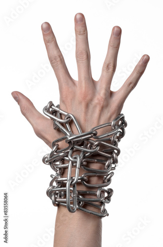 Social theme: hands tied a metal chain on a white background