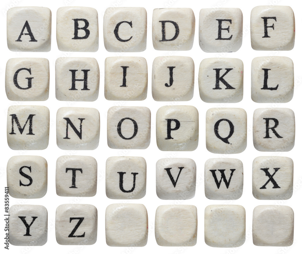 Alphabet letters on wooden pieces, isolated on white. Alphabet letters on wooden pieces, isolated on white.
