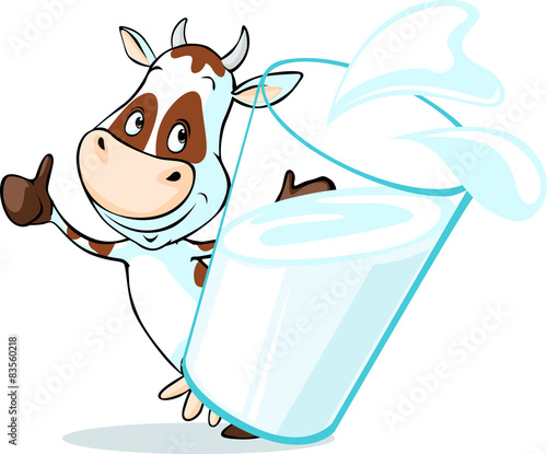 cute cow behind glass of milk - isolated on white background