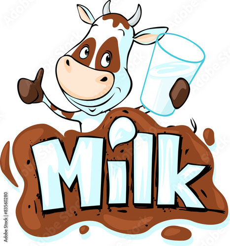 funny cow hold glass of milk behind milk text