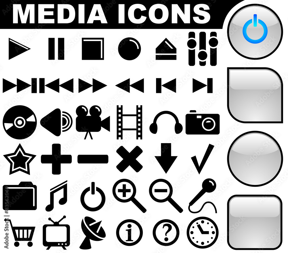 Media vector icons collection with 3 buttons variants isolated o Media vector icons collection with 3 buttons variants isolated o