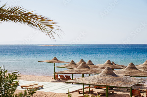 Beach, Red Sea, umbrellas, chaise lounges, branches of date palm © Vladimir Drozdin