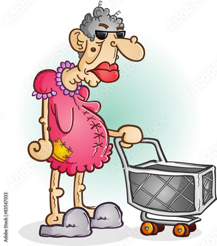Grumpy Old Lady Pushing a Shopping Cart Cartoon Character