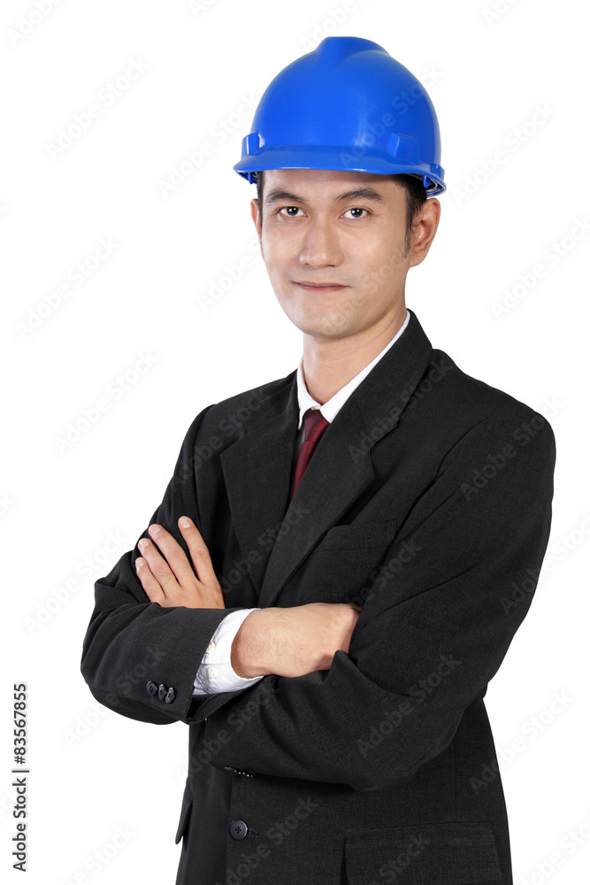 Confident Asian worker in blue safety helmet, isolated on white Confident Asian worker in blue safety helmet, isolated on white
