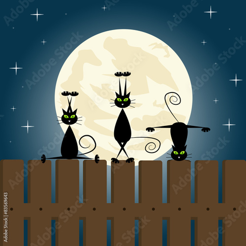 Black cats doing yoga on a fence.