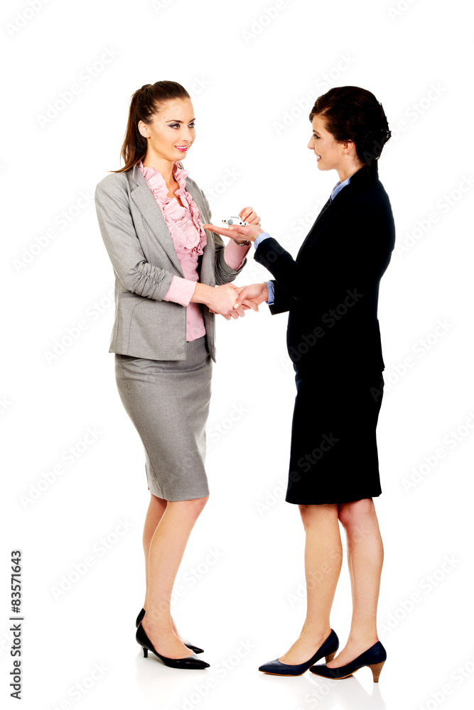Businesswoman giving a plane to her partner. Businesswoman giving a plane to her partner.
