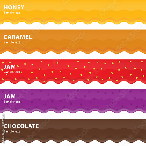 Set of five sweet drips, honey, caramel, jam and chocolate.